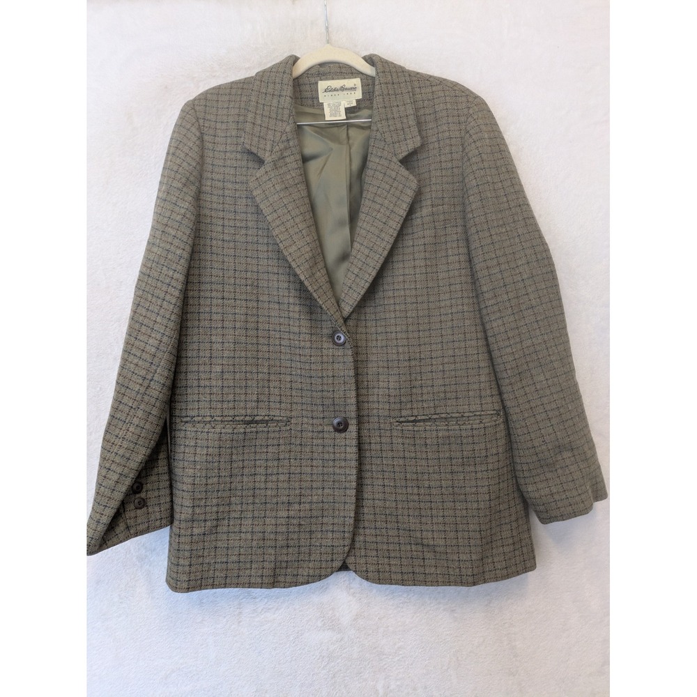 Eddie Bauer Blazer Women's Petite M Brown Plaid 100% Wool Dark Academia Jacket